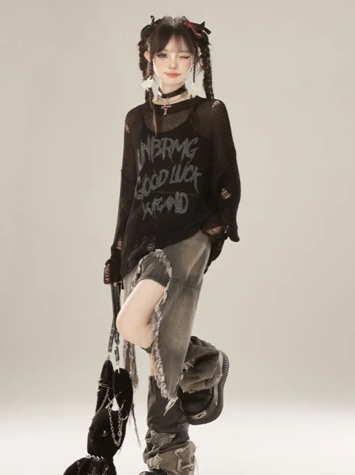 Damaged Knit Logo Round Neck Sheer