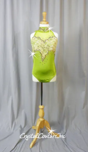Green Leotard with Lt Gold Lace Accents - Swarovski Rhinestones