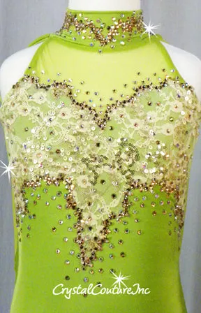 Green Leotard with Lt Gold Lace Accents - Swarovski Rhinestones