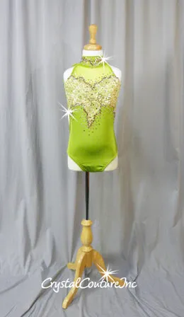 Green Leotard with Lt Gold Lace Accents - Swarovski Rhinestones