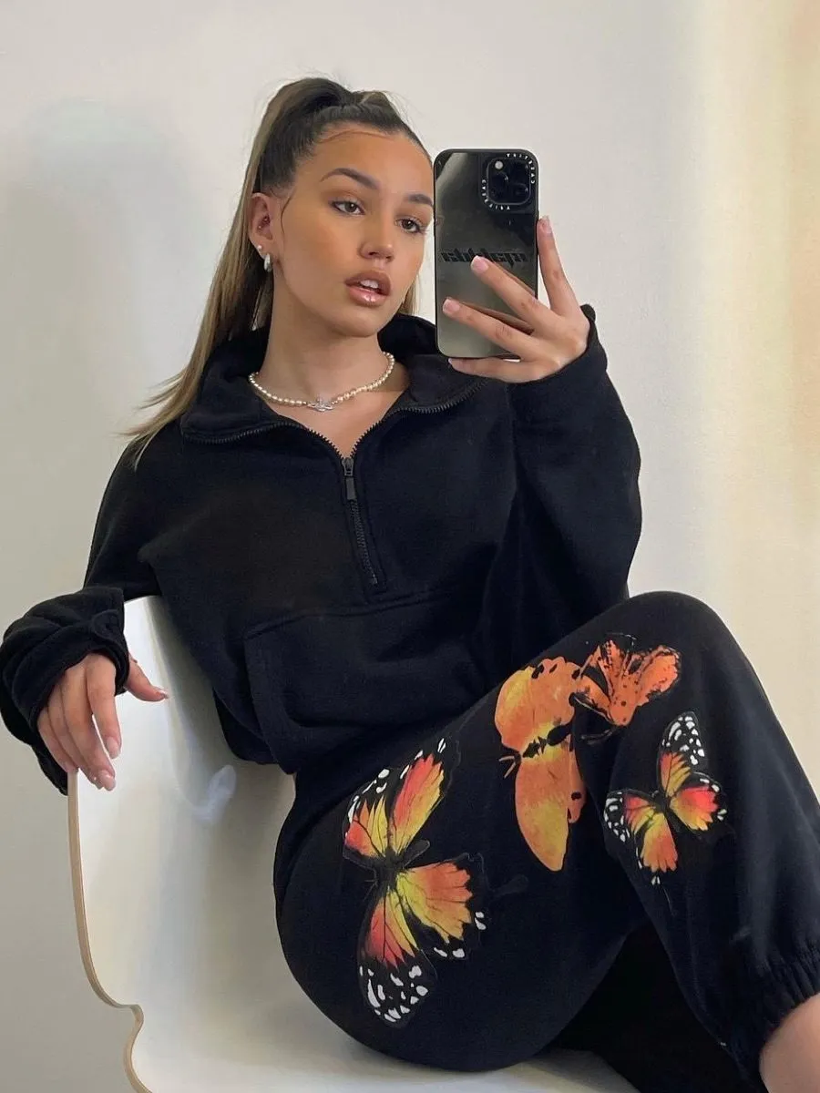 Machela Butterfly Graphic Oversized Fleece Joggers In Black