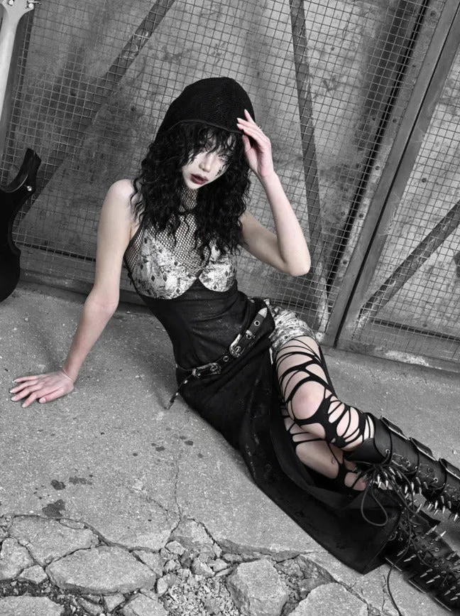 Sheer Mesh Silver Black Suit Punk Hoodie Dress Slit