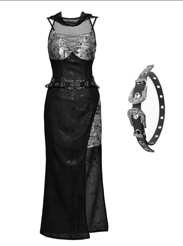 Sheer Mesh Silver Black Suit Punk Hoodie Dress Slit