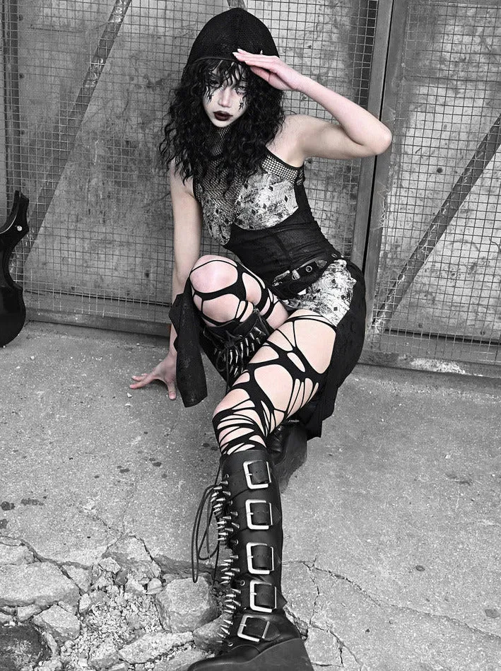 Sheer Mesh Silver Black Suit Punk Hoodie Dress Slit
