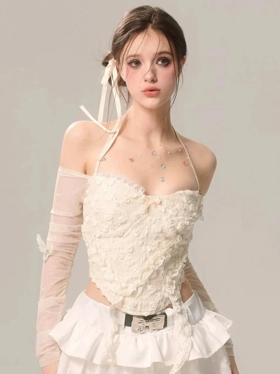 Shoulder Top Sheer Halter Apricot One Sleeve Neck