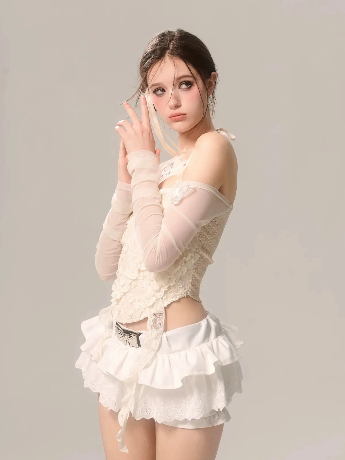 Shoulder Top Sheer Halter Apricot One Sleeve Neck