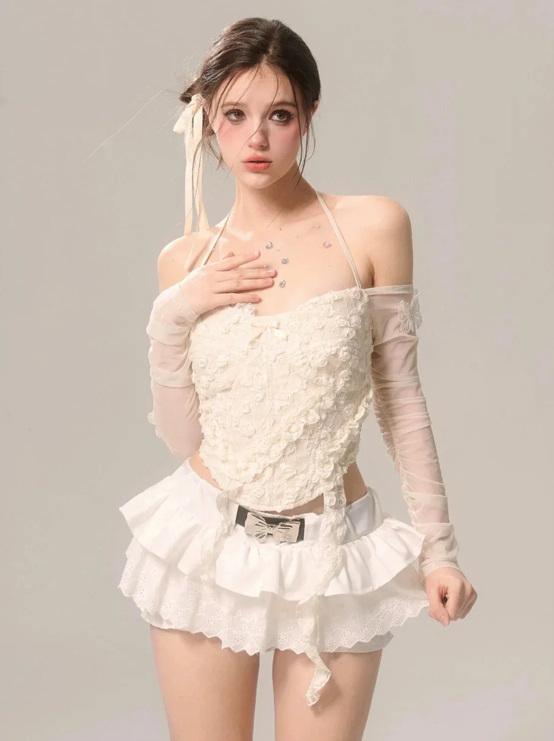 Shoulder Top Sheer Halter Apricot One Sleeve Neck