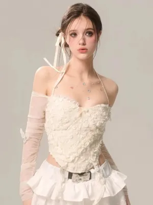 Shoulder Top Sheer Halter Apricot One Sleeve Neck