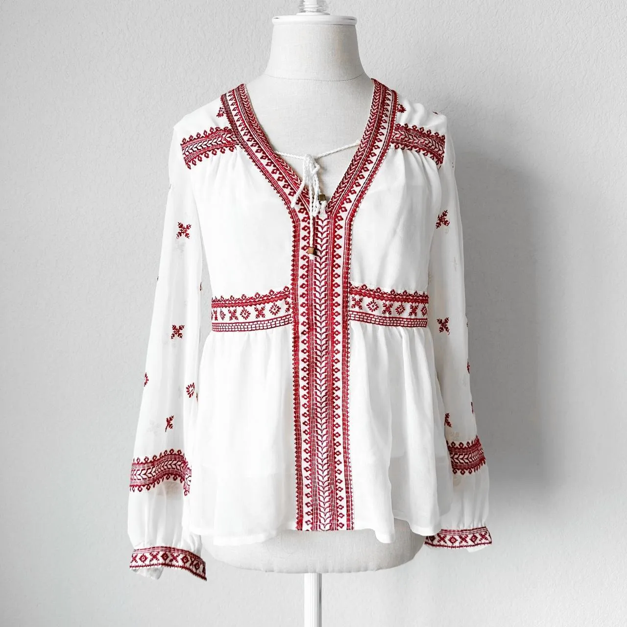 Topshop Off White Long Puffy Sleeve Striped Boho Babydoll Blouse Size 0/XS