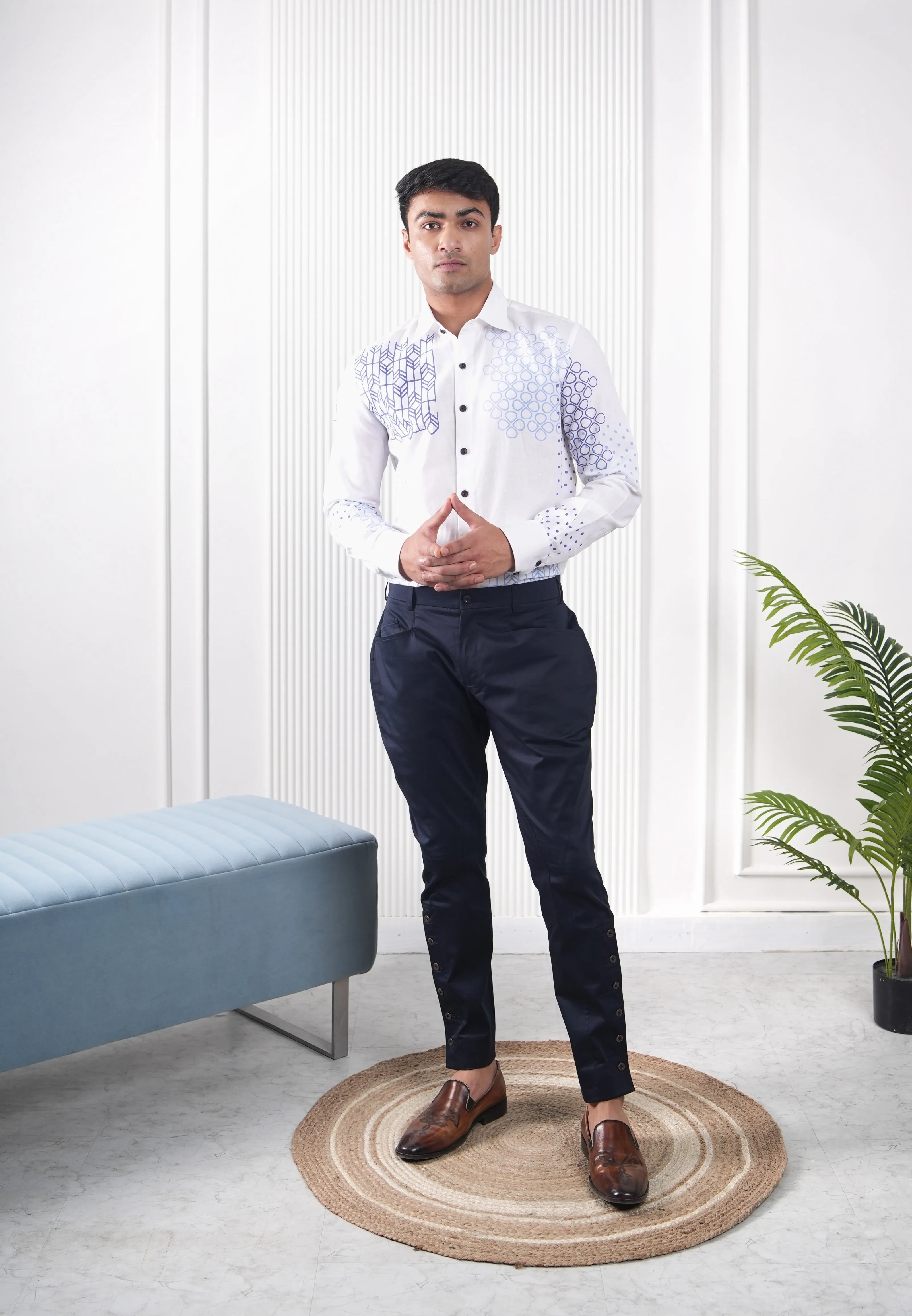 White Multi Blue Block Print Linen Shirt