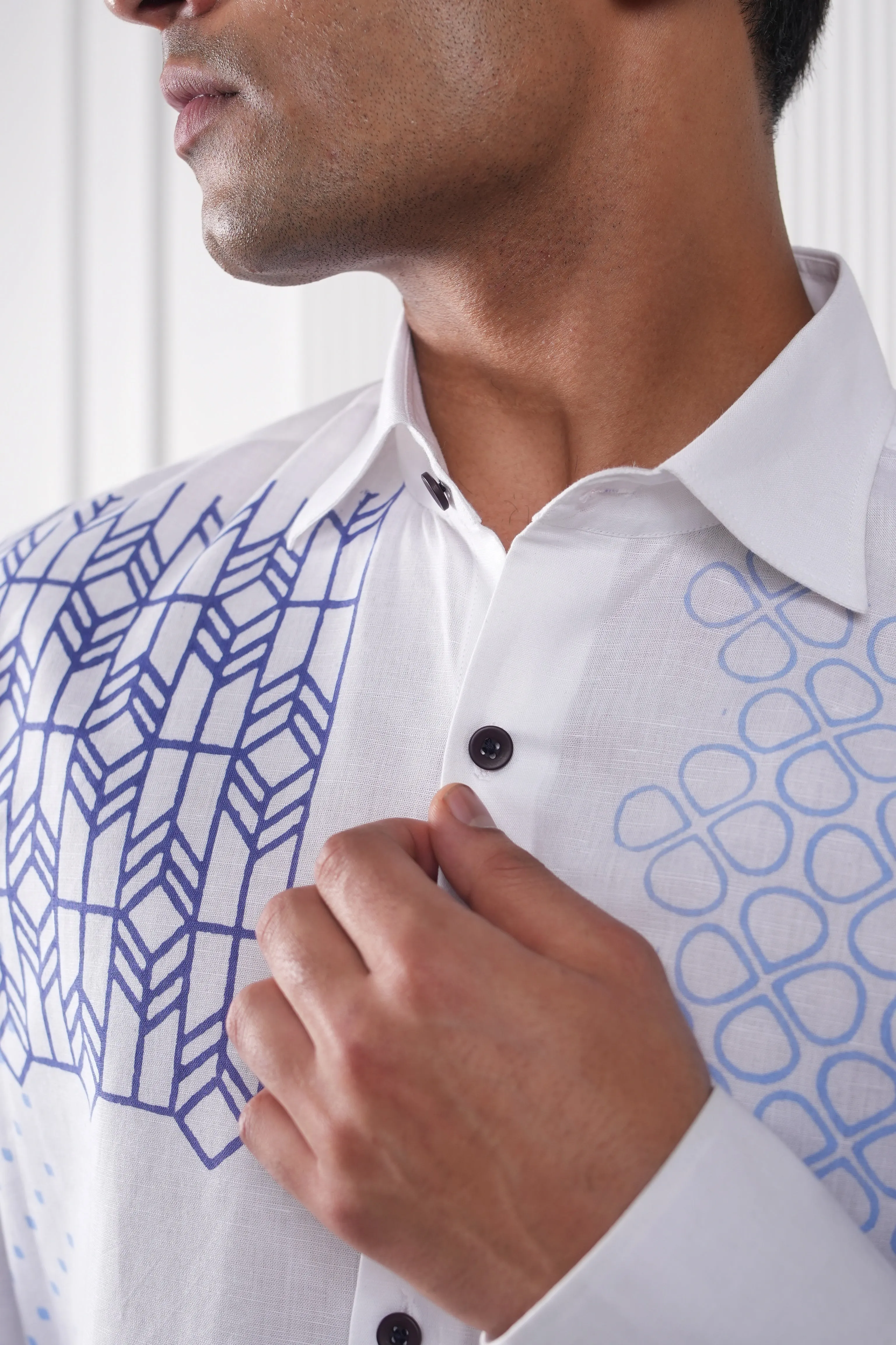 White Multi Blue Block Print Linen Shirt