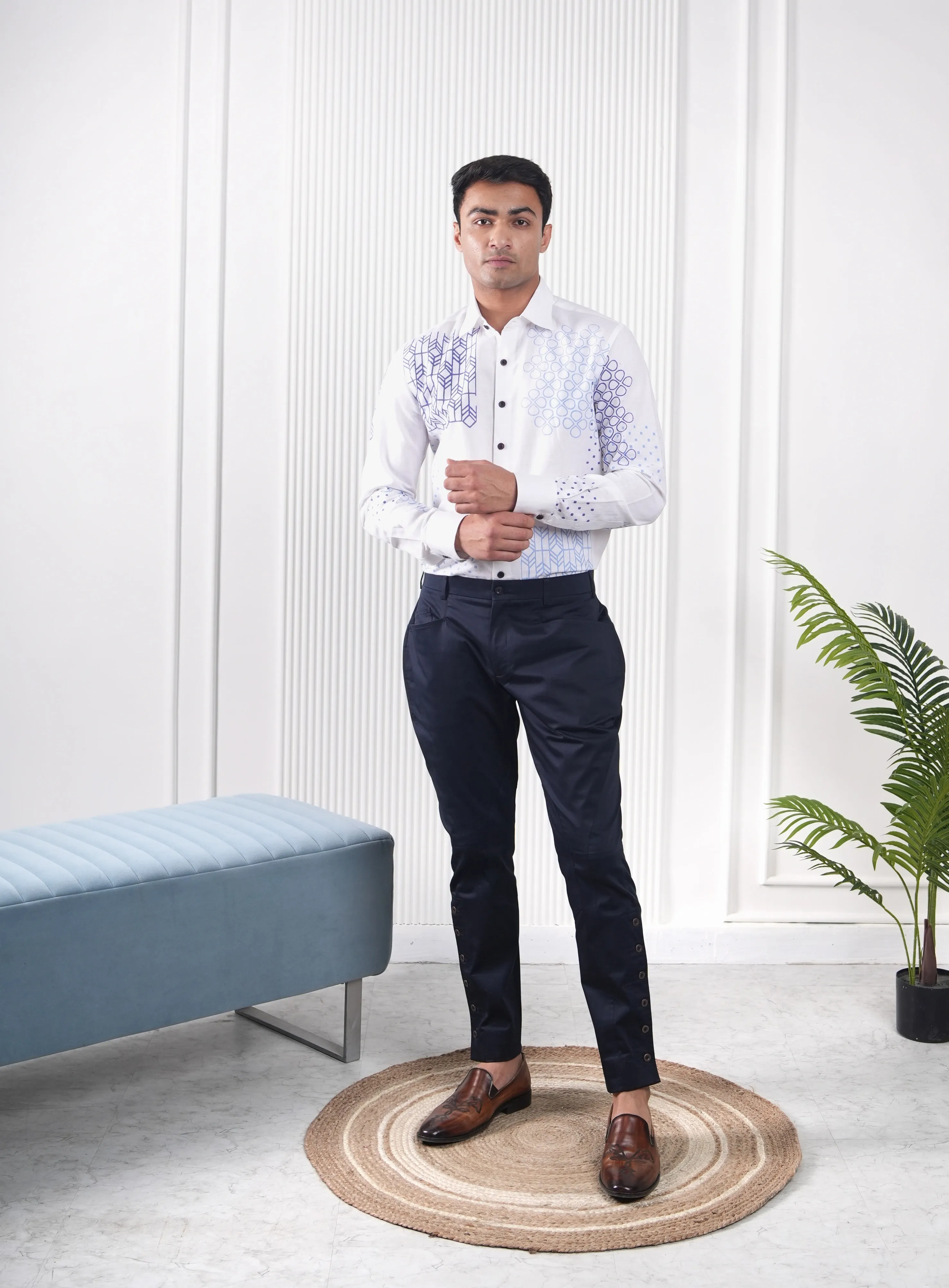 White Multi Blue Block Print Linen Shirt