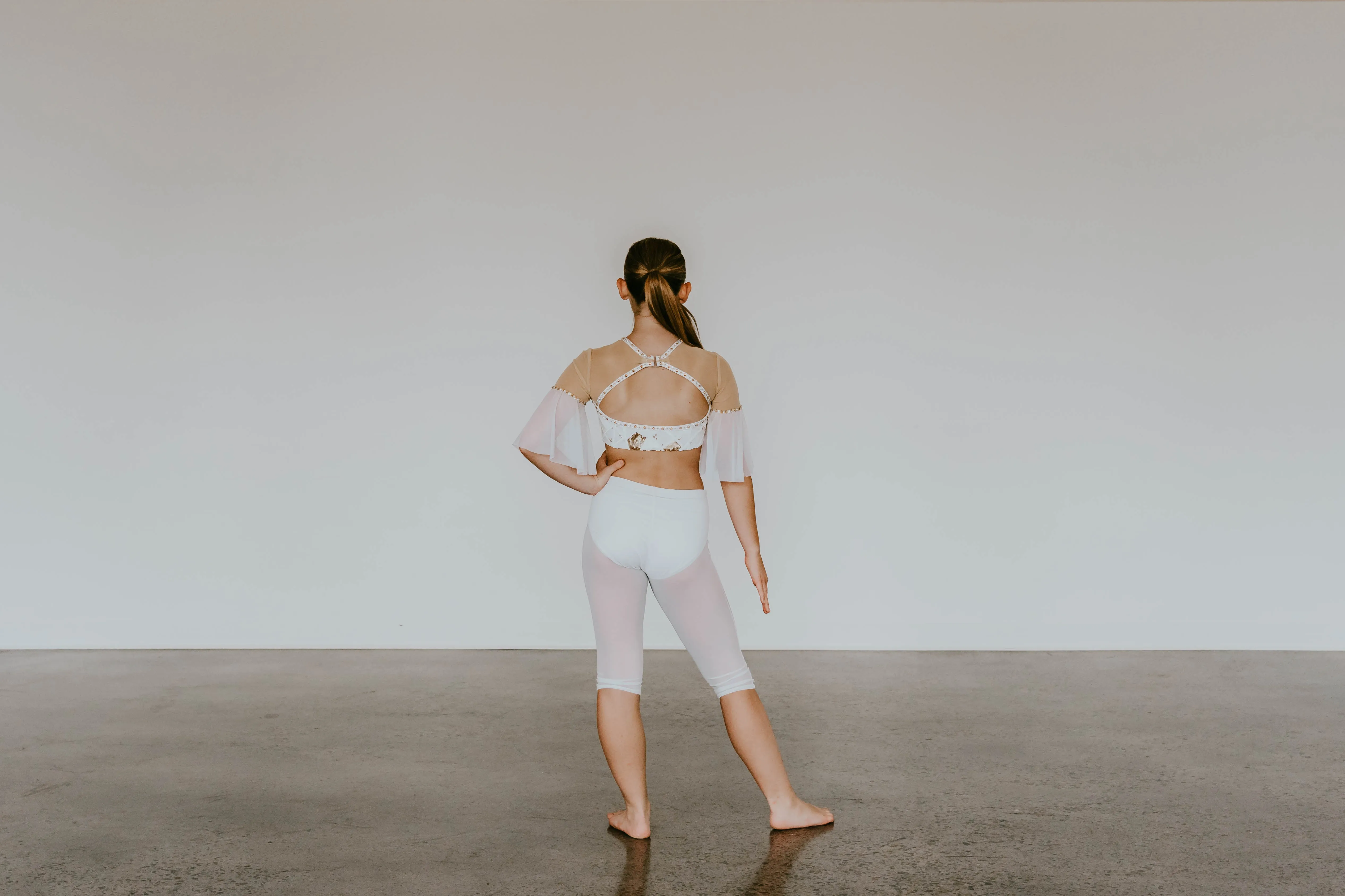 White Top and Trunk/Sheer Crop Pants with White/Gold Sequin Design - Swarovski Rhinestones