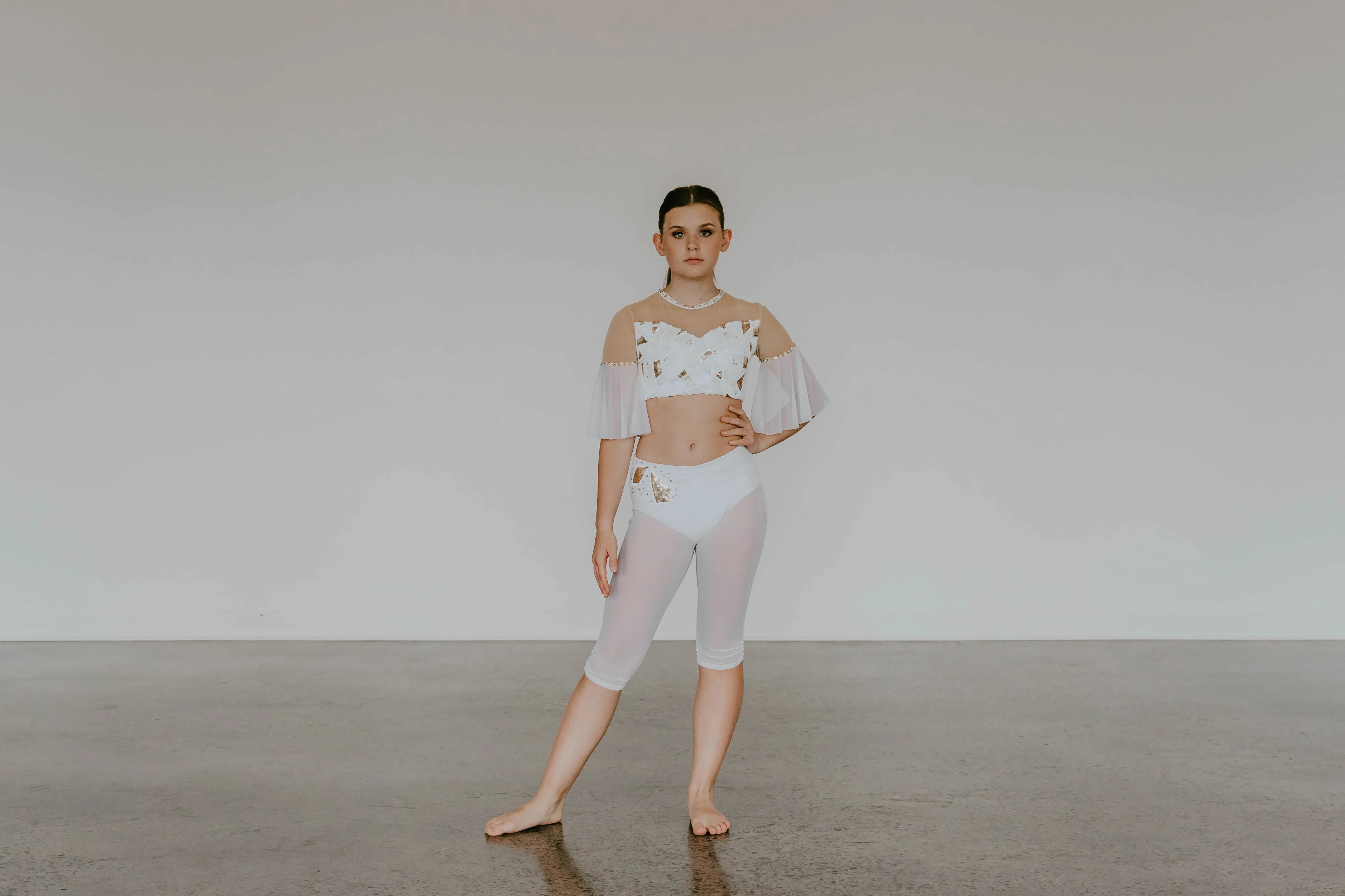 White Top and Trunk/Sheer Crop Pants with White/Gold Sequin Design - Swarovski Rhinestones
