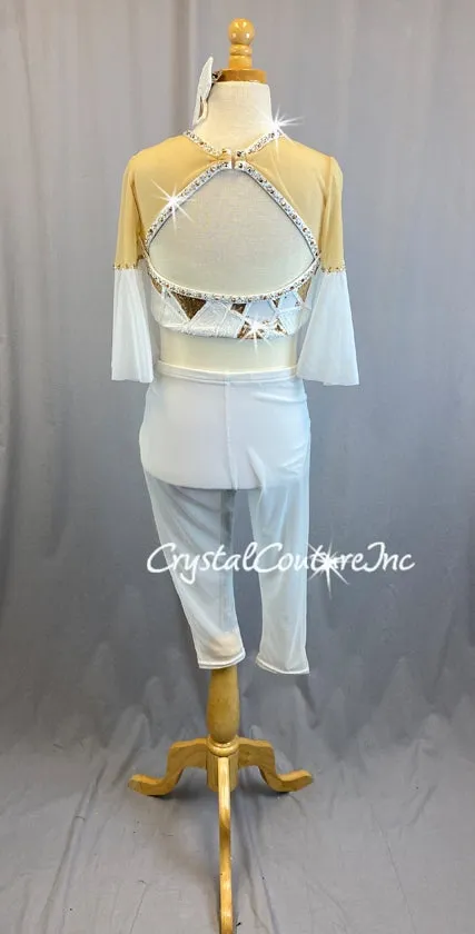White Top and Trunk/Sheer Crop Pants with White/Gold Sequin Design - Swarovski Rhinestones