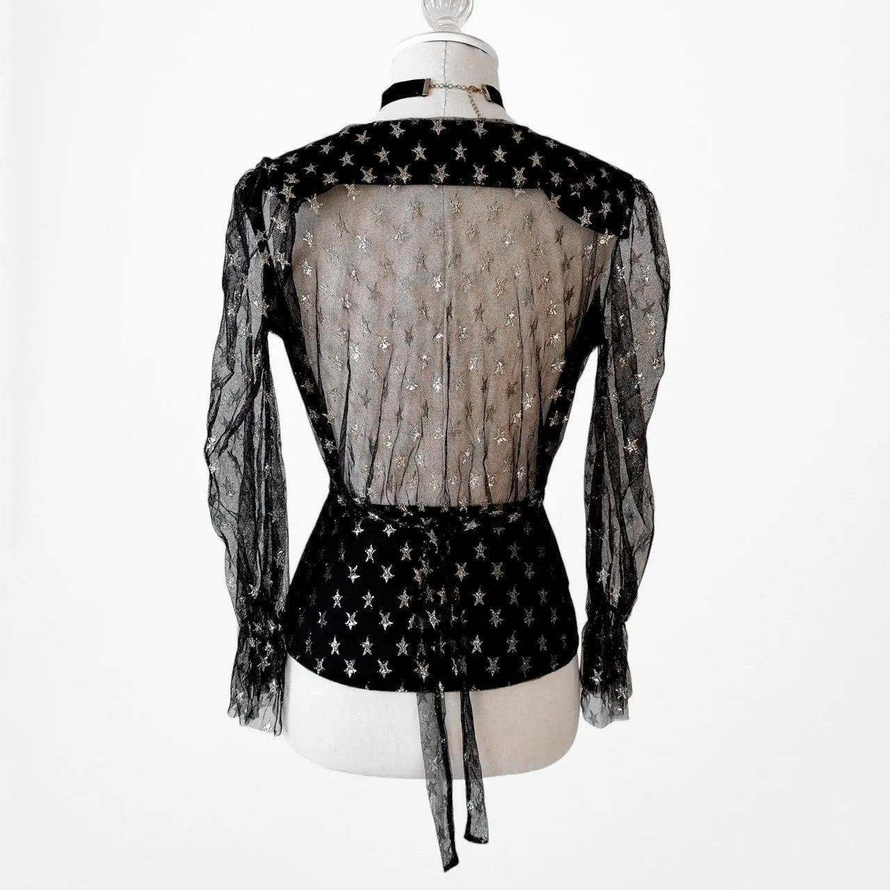 Zack Black Gold Print Plunging V-Neck Semi-Sheer Peplum Blouse Top Size S