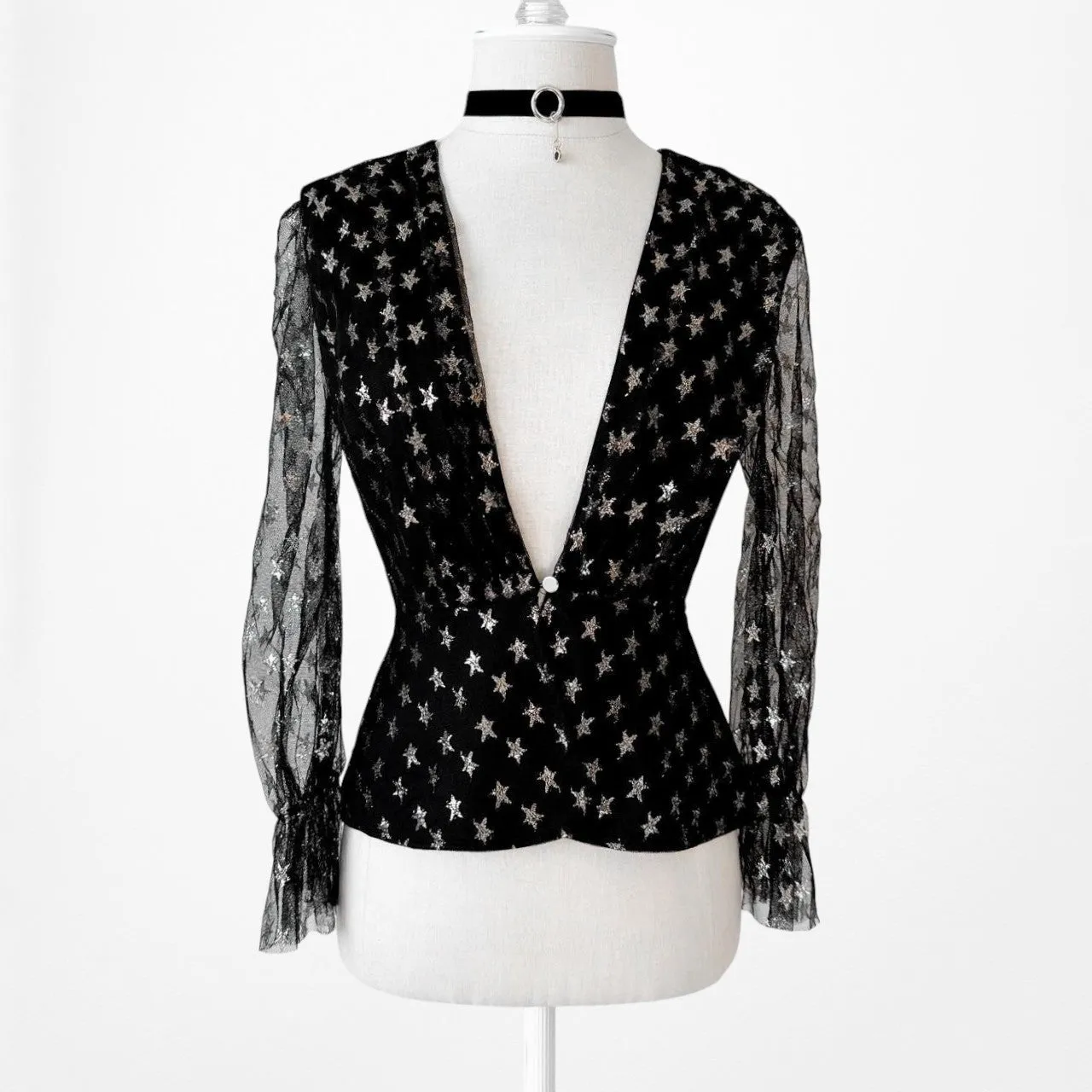 Zack Black Gold Print Plunging V-Neck Semi-Sheer Peplum Blouse Top Size S