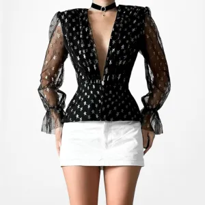 Zack Black Gold Print Plunging V-Neck Semi-Sheer Peplum Blouse Top Size S