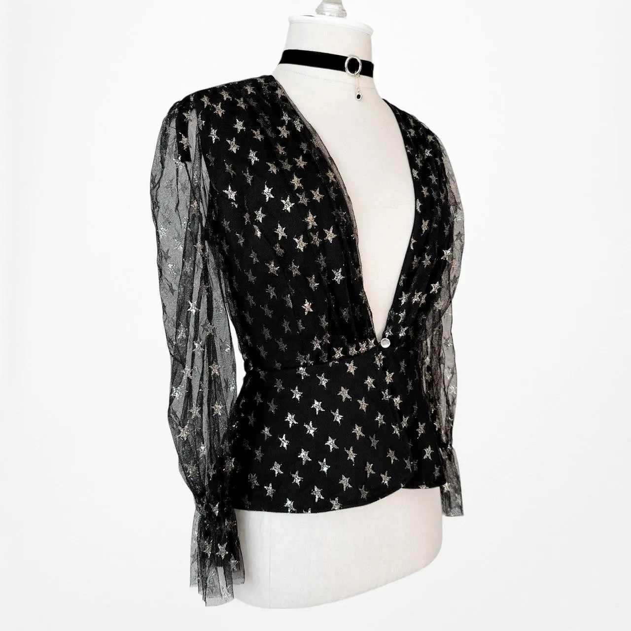 Zack Black Gold Print Plunging V-Neck Semi-Sheer Peplum Blouse Top Size S